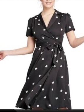 Modcloth "Tied and Timeless" Black Midi Wrap Dress with White Kitty Cat Print